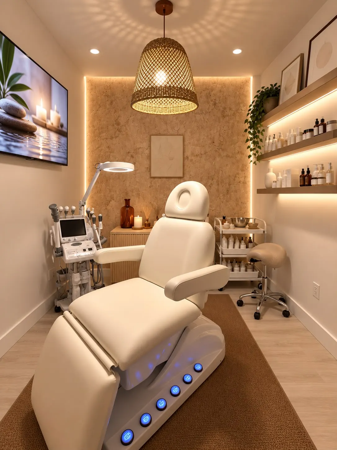 Cabina de tratamientos de ELLE Beauty Spa con camilla blanca, lámpara de mimbre y estantes iluminados